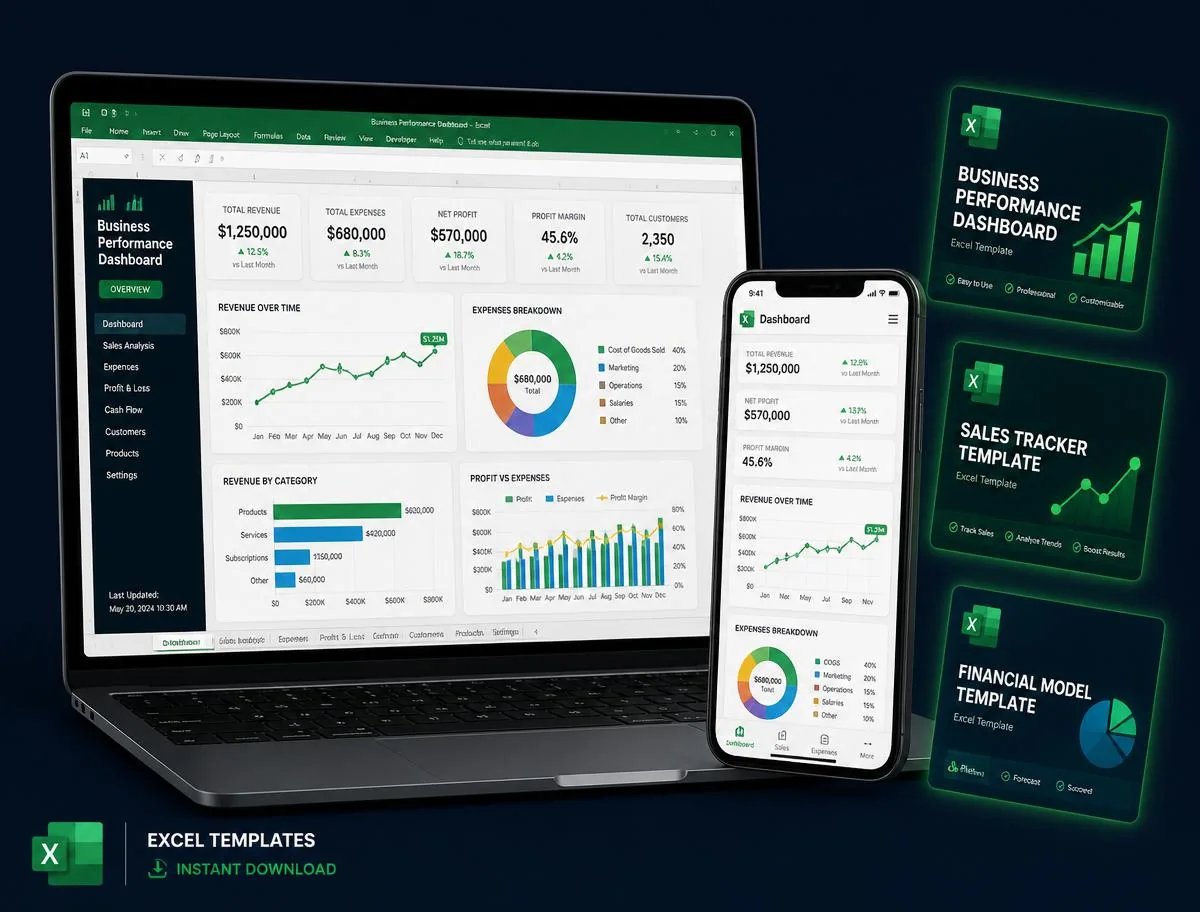 Mockup del Plan Premium: notebook y celular con dashboards de Excel y portadas de las plantillas